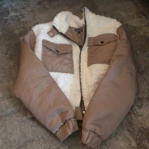 Boohoo tan bomber jacket with fleece details